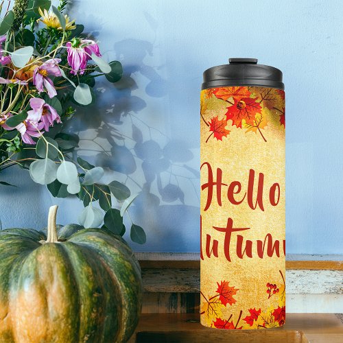 Hello Autumn Leaves on Old Paper Background  Thermal Tumbler