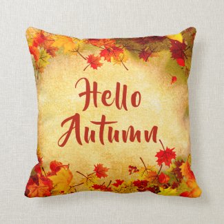 Hello Autumn Leaves on Old Paper Background  Throw Pillow