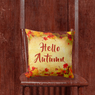 Hello Autumn Leaves on Old Paper Background Throw Pillow