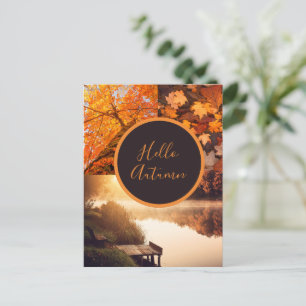 Hello autumn leaves trees lake photo Thanksgiving Postcard