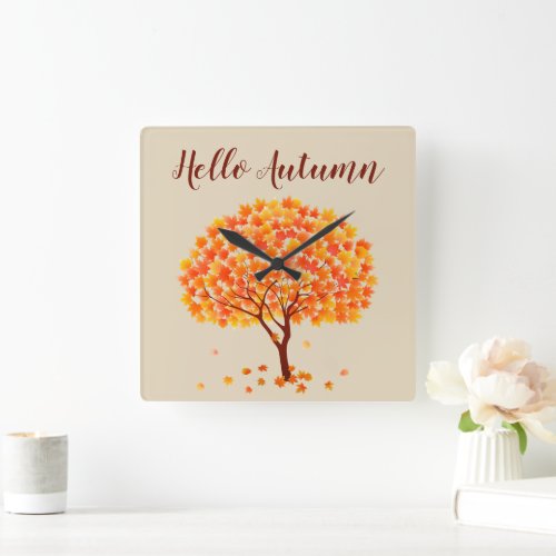 Hello Autumn Maple Tree Square Wall Clock