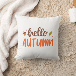 Hello Autumn Orange Rustic Typography Throw Pillow