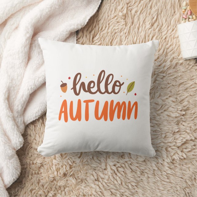 Hello Autumn Orange Rustic Typography Throw Pillow (Blanket)