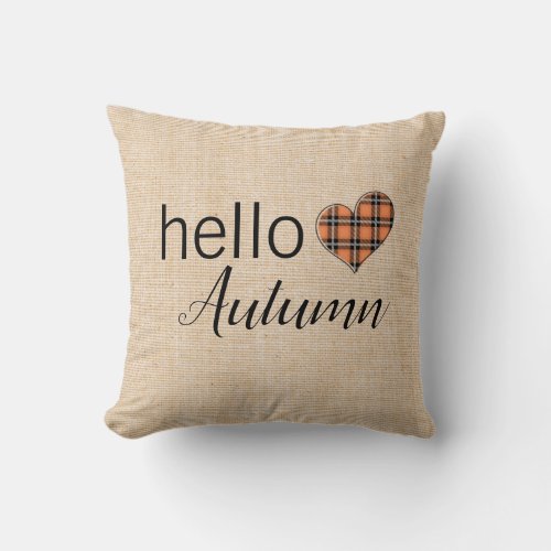 Hello Autumn Plaid Farmhouse Linen Fall Colors Throw Pillow