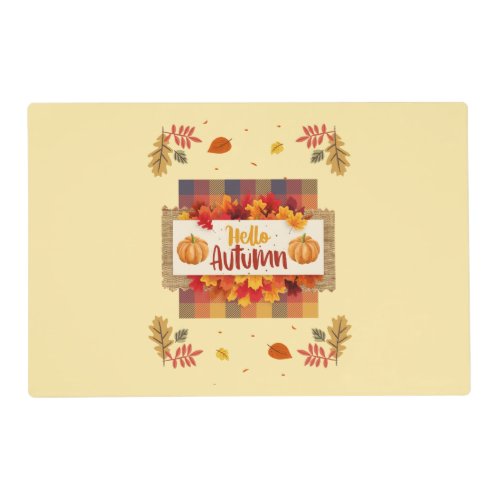 Hello Autumn Plaid Leaves Laminated Pacemat Placemat