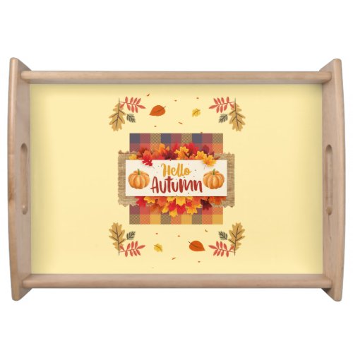 Hello Autumn Plaid Leaves Serving Tray