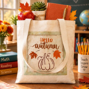 Hello Autumn Pumpkin Sage Green Fall Budget Tote Bag
