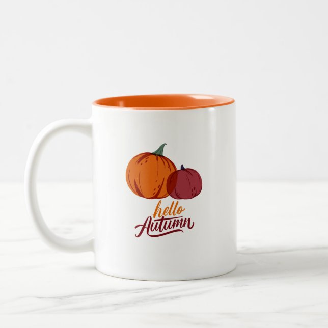Hello Autumn Pumpkins Two-Tone Coffee Mug (Left)