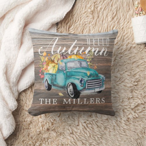 Hello Autumn  Vintage Harvest Truck Personalized Throw Pillow