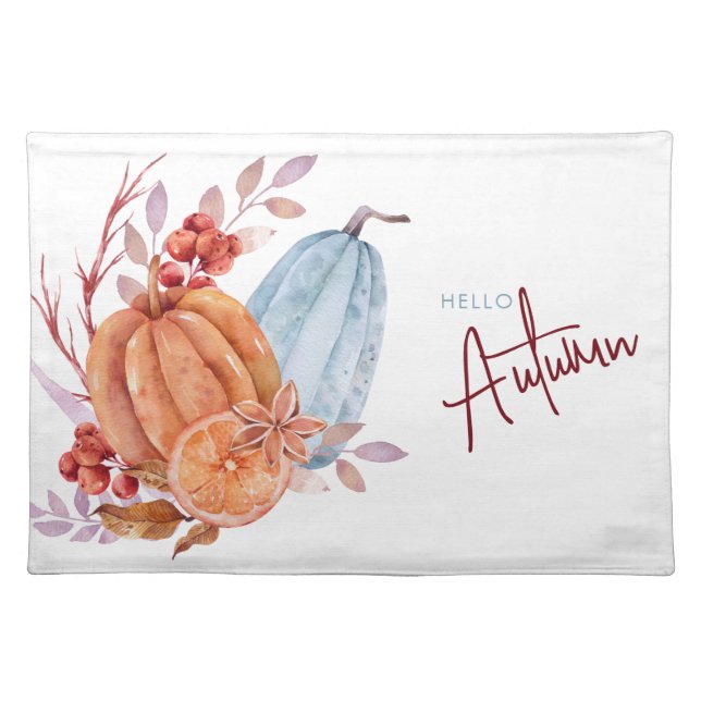 Hello Autumn Watercolor Pumpkins Cloth Placemat (Front)