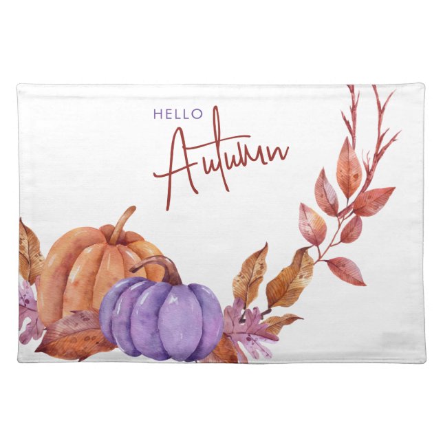 Hello Autumn Watercolor Pumpkins Cloth Placemat (Front)
