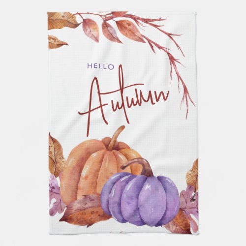 Hello Autumn Watercolor Pumpkins  Kitchen Towel