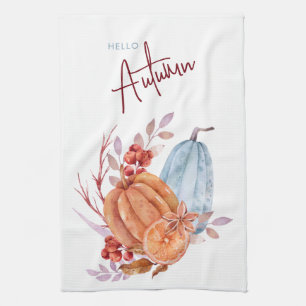 Hello Autumn Watercolor Pumpkins Kitchen Towel