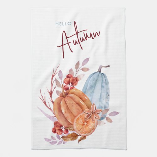 Hello Autumn Watercolor Pumpkins Kitchen Towel