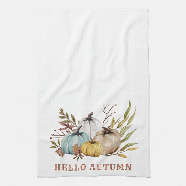 Hello Autumn Watercolor Pumpkins Kitchen Towel (Vertical)