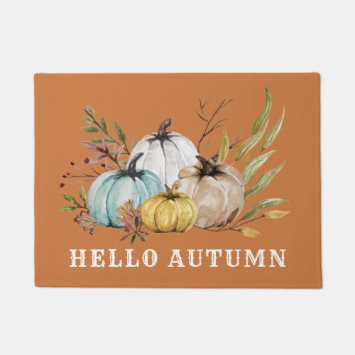 Hello Autumn Watercolor Pumpkins Rust Orange Doormat