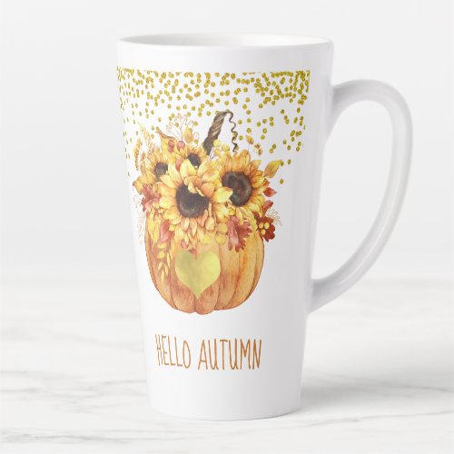 Hello Autumn Watercolor Sunflower Pumpkin  Latte Mug