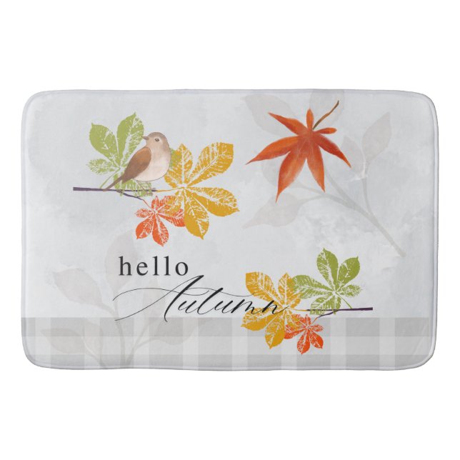 Hello Autumn with Bird and Fall Leaves Bath Mat (Front)