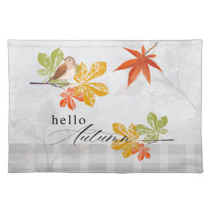 Hello Autumn with Bird and Fall Leaves Cloth Placemat