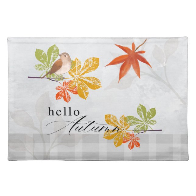 Hello Autumn with Bird and Fall Leaves Cloth Placemat (Front)