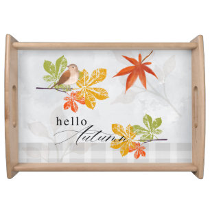 Hello Autumn with Bird and Fall Leaves Serving Tray