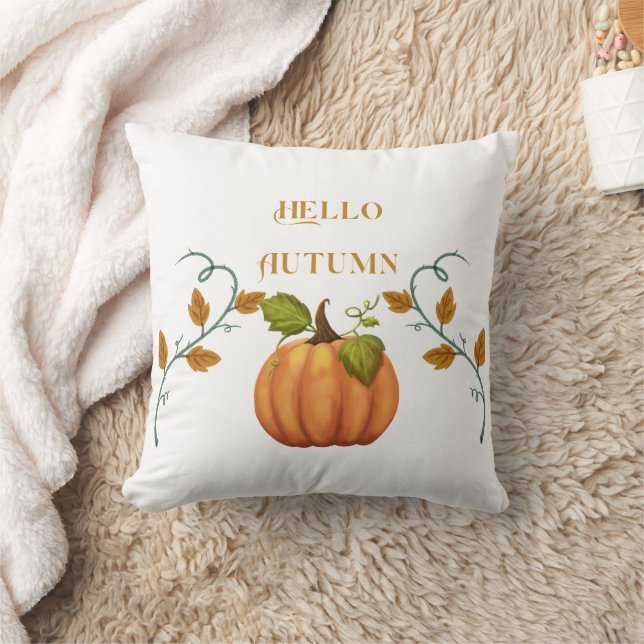 Hello Autumn with Pumpkin orange text and image  Throw Pillow (Blanket)