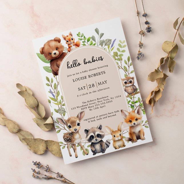 Hello Babies Boho Woodland Twin Baby Shower Invitation (Creator Uploaded)