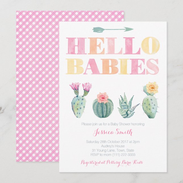 Hello Babies! Colorful Cactus Twins Baby Shower Invitation (Front/Back)