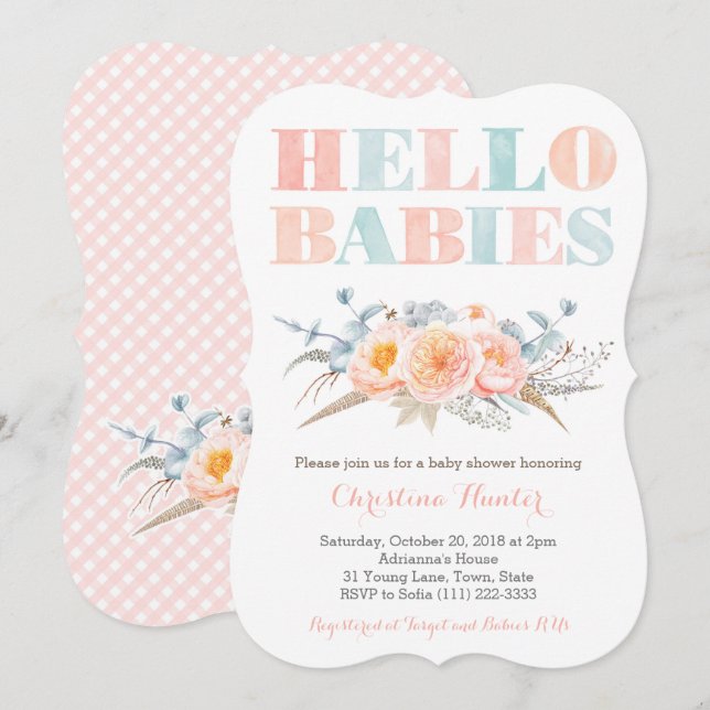 HELLO BABIES Peach Twins Baby Shower or Sip See Invitation (Front/Back)