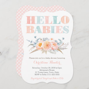 HELLO BABIES Peach Twins Baby Shower or Sip See Invitation