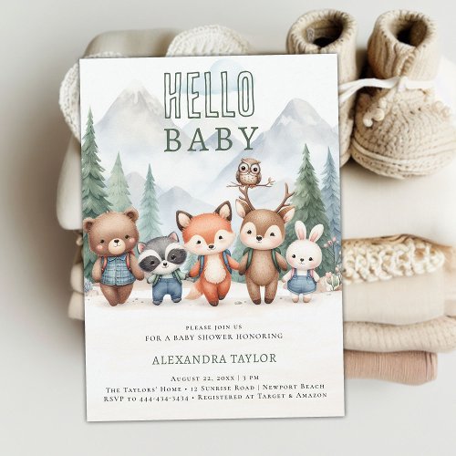 Hello Baby Adventure Woodland Animals Baby Shower Invitation