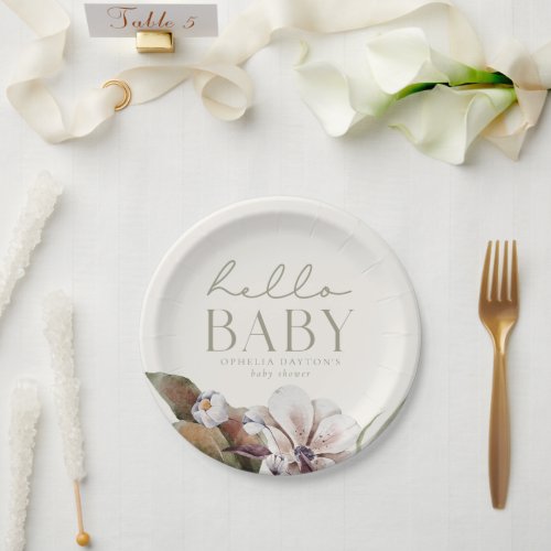 HELLO BABY  Autumn Botanical Sage and Ivory Paper Plates