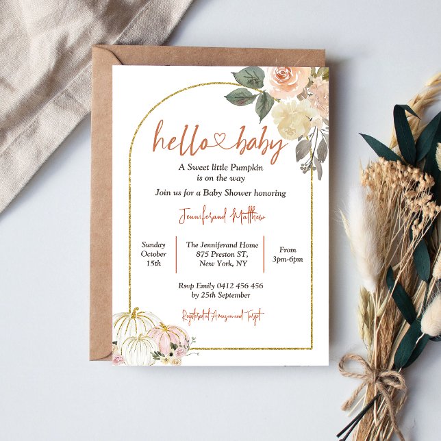 Hello Baby Autumn Harvest Pumpkin Baby Shower Invitation (Creator Uploaded)