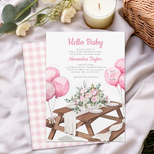 Hello Baby Balloons Picnic Park Girl Baby Shower Invitation