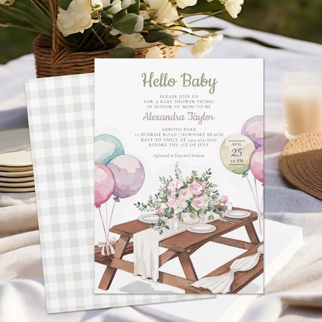 Hello Baby Balloons Picnic Park Neutral Shower Invitation (picnic baby shower invitation park summer watercolor balloons cute fun casual classy gender neutral)
