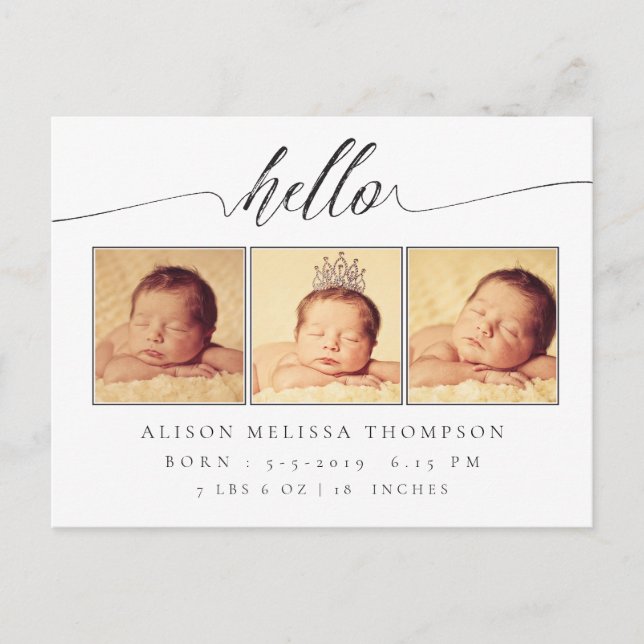 Hello Baby Birth Announcement 3 Photo Postcard (Front)