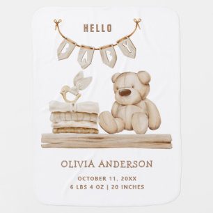 Hello Baby Birth Announcement   Boho Teddy Bear Baby Blanket