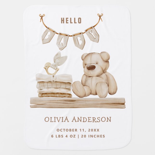 Hello Baby Birth Announcement | Boho Teddy Bear Baby Blanket (Front)
