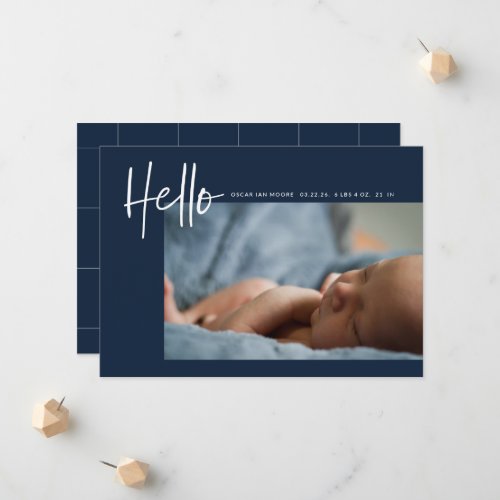 Hello Baby Birth Photo Announcement Boy Girl Blue