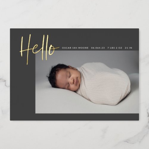 Hello Baby Birth Photo Announcement Charcoal Foil