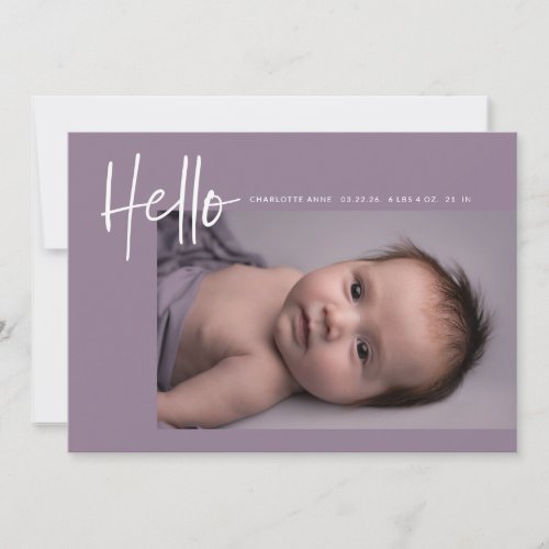 Hello Baby Birth Photo Announcement Girl Purple