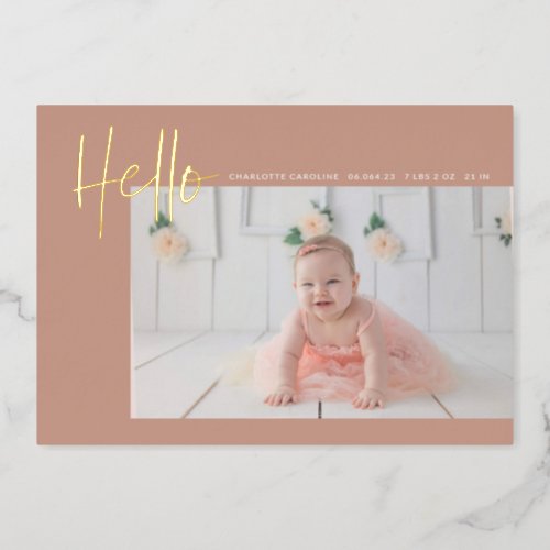 Hello Baby Birth Photo Announcement Pink Girl Foil