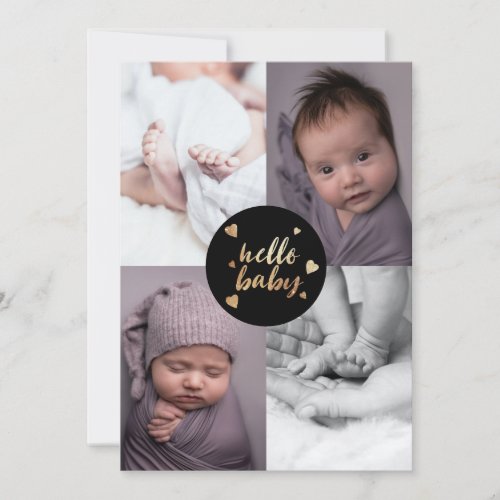 Hello Baby Black Gold Photo Collage Birth Announcement