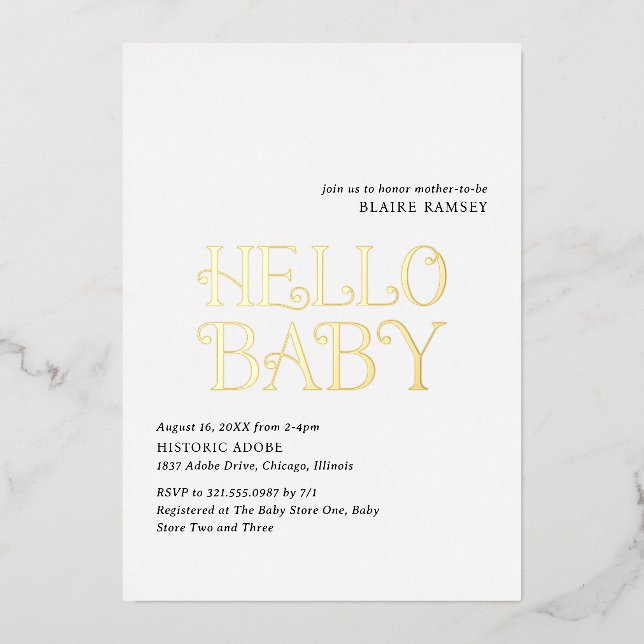 Hello Baby Black White Modern Baby Shower Foil Invitation (Front)