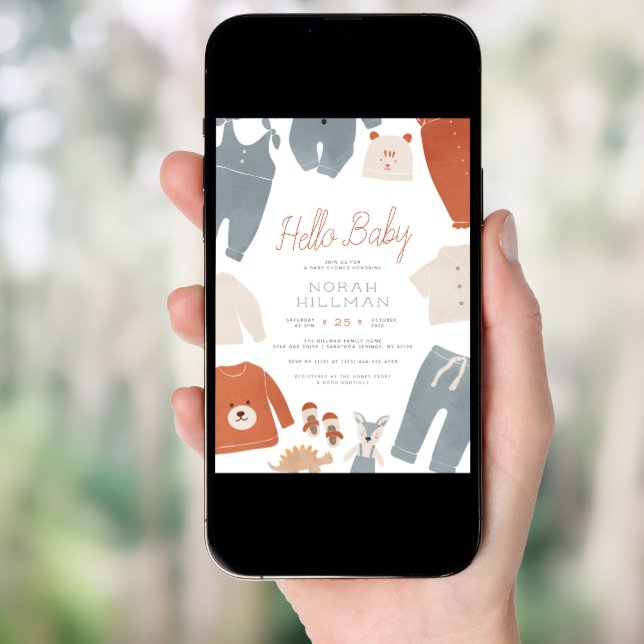 Hello Baby | Blue Boho Clothes Boy Baby Shower Invitation (Front Digital)