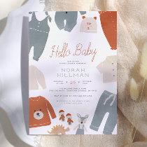 Hello Baby | Blue Boho Clothes Boy Baby Shower Invitation
