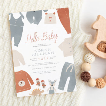 Hello Baby | Blue Boho Clothes Boy Baby Shower Invitation by Cali_Graphics at Zazzle