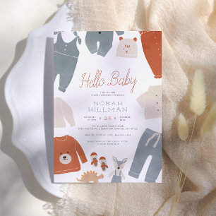 Hello Baby   Blue Boho Clothes Boy Baby Shower Invitation