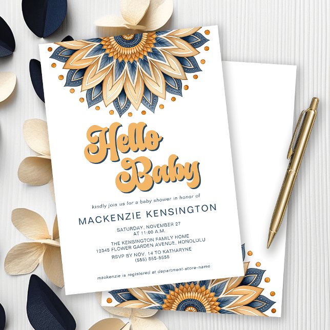 Hello Baby Blue Gold Retro Hippie Baby Shower Invitation (Hello Baby! Navy Blue and Gold Boho Sunflower Baby Shower Invitation)
