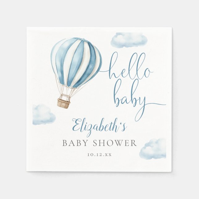 Hello Baby Blue Hot Air Balloon Baby Shower Napkins (Front)